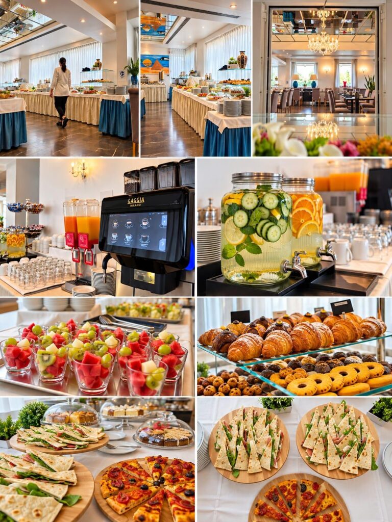 Composizione fotografica della sala e del buffet della colazione del Club House Hotel